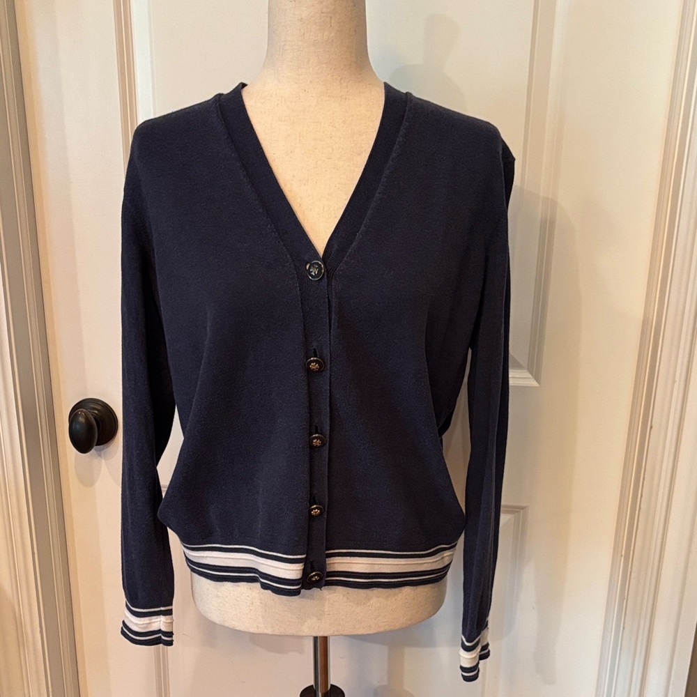 Tory Burch Navy Cardigan with Striped Accents